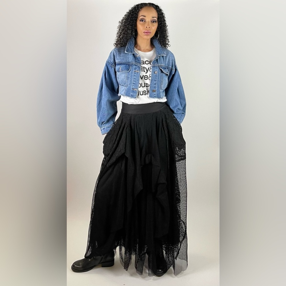 Gathered Mesh Maxi Skirt/Pockets